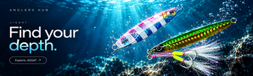 Underwater fishing lure advertisement with two JIGGAT Jigs Sinking in blue water with sunbeams and bubbles. One lure is multicolored with pink, blue, and white stripes, and the other is green and gold with a pink and yellow skirt. 