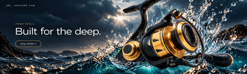 A spinning fishing reel with a black body and gold accents, shown emerging from dramatic ocean water with splashing waves under a stormy sky. Large text on the left reads 'Built for the deep.