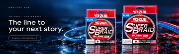 Two packages of Yo-Zuri Super Braid fishing line in blue and black, displayed on a dark reflective surface with dramatic blue and red lighting and promotional text on the left.