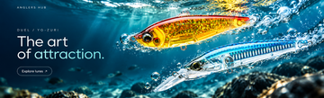 Duel, Hardcore, Yo-Zuri Underwater fishing lure advertisement showing two realistic lures swimming in blue ocean water. One lure is metallic gold with red and black details, and the other is silver with blue striping.